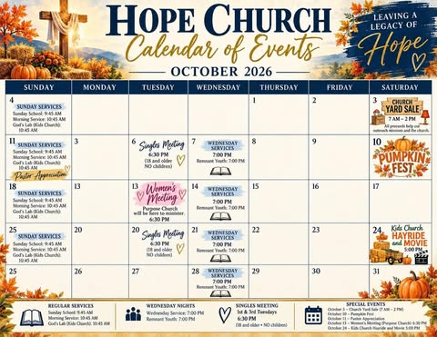 Hope Church Calendar of Events for October 2026